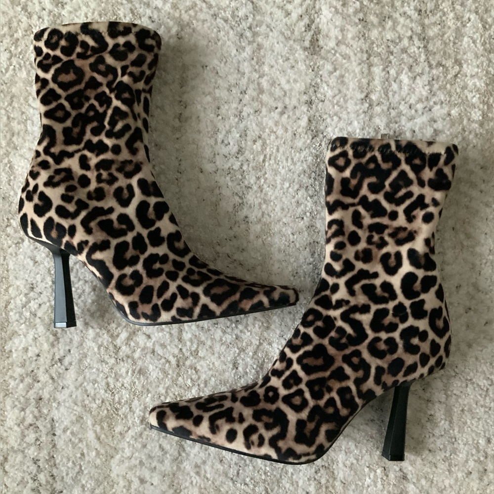 Leopard Print Pointed Toe Stiletto Ankle Boots - Brown/Black